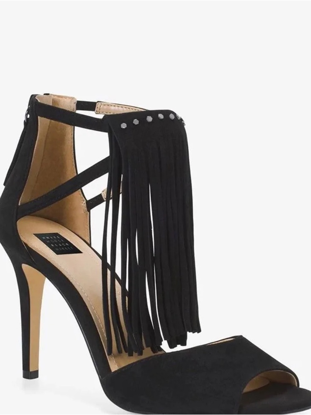 WHBM Delilah Fringe HL Black Suede Heels Size 6 Open Toe Stiletto